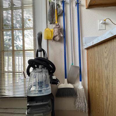 Cleaning supplies and Hoover steam cleaner.