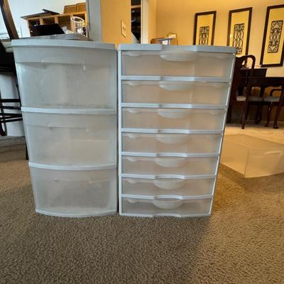 Two Sterilite storage units: a 3-drawer cart and a 7-drawer organizer.
