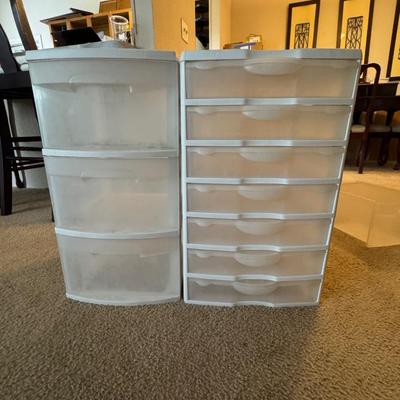 Two Sterilite storage units: a 3-drawer cart and a 7-drawer organizer.