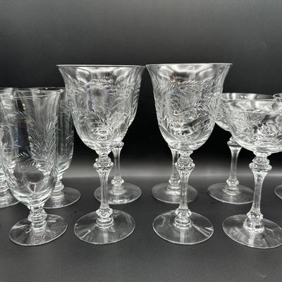 Etched Crystal Stemware with Ornate Stem