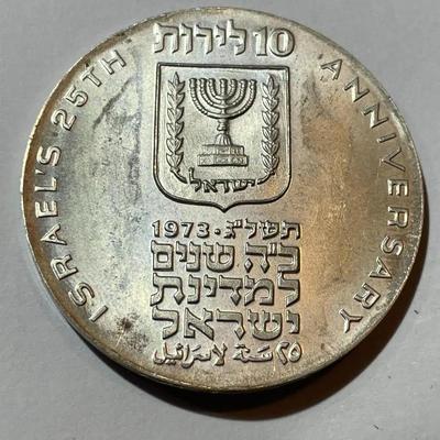 1973 Israel 10 Lirot Silver Coin 25th Anniversary of Independence Day in Uncirculated Condition.