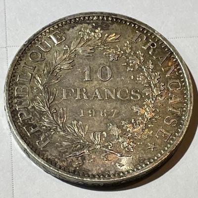 France 1967 Uncirculated Condition Toned "Hercules" Large 10-Francs Silver Coin as Pictured.