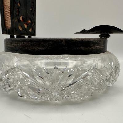 Cut Crystal & Sterling Silver Ashtray with Match Holder