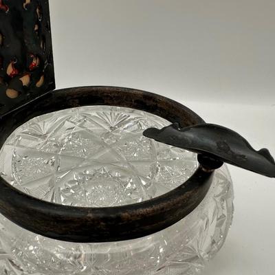 Cut Crystal & Sterling Silver Ashtray with Match Holder