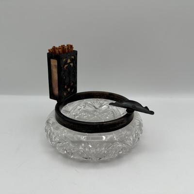 Cut Crystal & Sterling Silver Ashtray with Match Holder