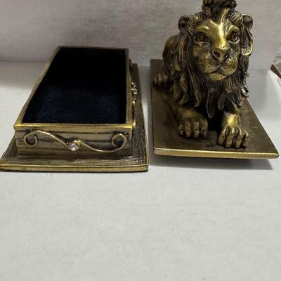 Vintage Borghese Recumbent Lion box and collection of lapel pins.