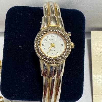 14k gold ring, Gruen ladies watch, Natural Treasure earrings.