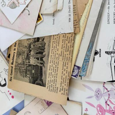 Sale Photo Thumbnail #140: Do you like to read old letters? This handwritten lot goes into stories written long ago. Fun newspaper clippings and other ephemera . All posted.. Great for inspiration, scrapbook, art or stamp collecting.
