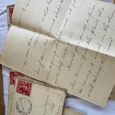 Sale Photo Thumbnail #150: Letter and photo cards from the early 1900s, written in the ink penmanship of the time. Great for inspiration, scrapbook, art or stamp collecting. . Interesting to delve into for insight into the time period. All are open, posted, dirty but readable and m