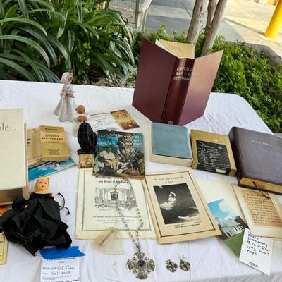 Sale Photo Thumbnail #197: Religious sterling silver Jerusalem cross Pendant with chain with  Amethyst stone, Bibles ceramic nun reading Bible, Nun doll, praying hands, MCM religious texts 5 Bibles. Some writing and a top stain noted.