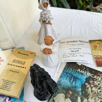 Sale Photo Thumbnail #185: Religious sterling silver Jerusalem cross Pendant with chain with  Amethyst stone, Bibles ceramic nun reading Bible, Nun doll, praying hands, MCM religious texts 5 Bibles. Some writing and a top stain noted.