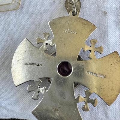 Sale Photo Thumbnail #199: Religious sterling silver Jerusalem cross Pendant with chain with  Amethyst stone, Bibles ceramic nun reading Bible, Nun doll, praying hands, MCM religious texts 5 Bibles. Some writing and a top stain noted.