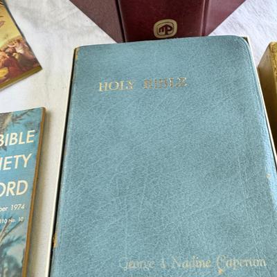 Sale Photo Thumbnail #188: Religious sterling silver Jerusalem cross Pendant with chain with  Amethyst stone, Bibles ceramic nun reading Bible, Nun doll, praying hands, MCM religious texts 5 Bibles. Some writing and a top stain noted.