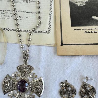 Sale Photo Thumbnail #198: Religious sterling silver Jerusalem cross Pendant with chain with  Amethyst stone, Bibles ceramic nun reading Bible, Nun doll, praying hands, MCM religious texts 5 Bibles. Some writing and a top stain noted.