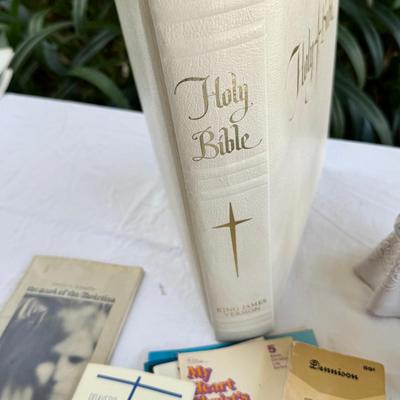 Sale Photo Thumbnail #193: Religious sterling silver Jerusalem cross Pendant with chain with  Amethyst stone, Bibles ceramic nun reading Bible, Nun doll, praying hands, MCM religious texts 5 Bibles. Some writing and a top stain noted.