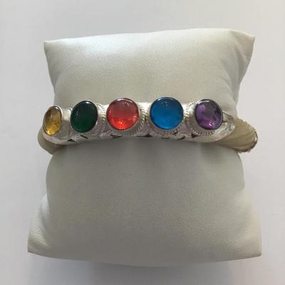 Rare vintage beautifully handcrafted white elephant hair 925 sterling silver multicolor gemstone cuff bracelet