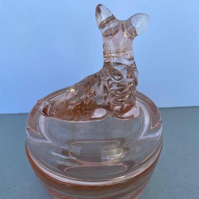 Vintage Pink Glass Dog Powder Jar