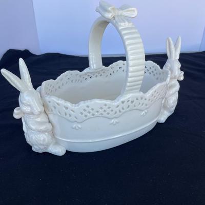 White Ceramic Basket with Rabbits