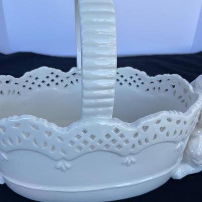 White Ceramic Basket with Rabbits