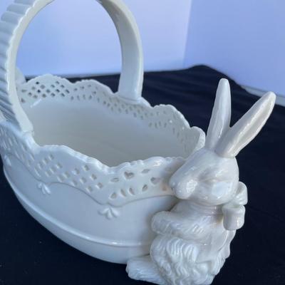 White Ceramic Basket with Rabbits