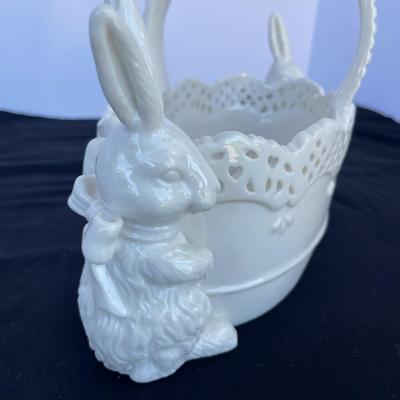White Ceramic Basket with Rabbits