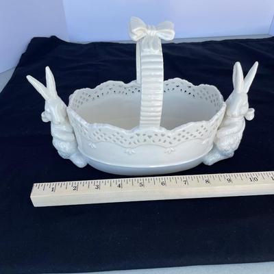 White Ceramic Basket with Rabbits
