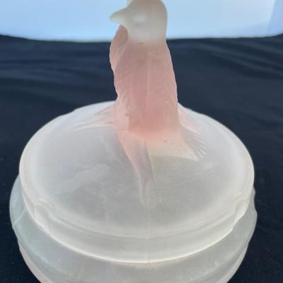 Vintage Frosted Pink Glass Birds Powder Jar