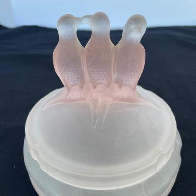 Vintage Frosted Pink Glass Birds Powder Jar