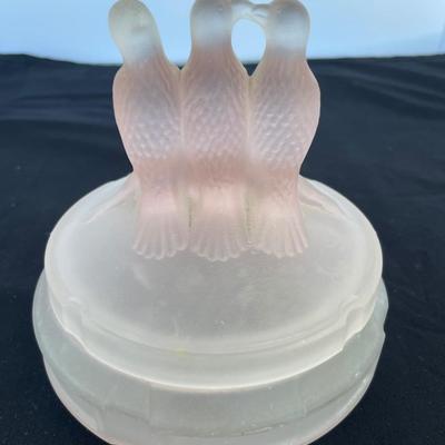 Vintage Frosted Pink Glass Birds Powder Jar