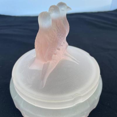 Vintage Frosted Pink Glass Birds Powder Jar