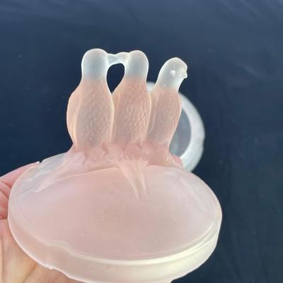 Vintage Frosted Pink Glass Birds Powder Jar