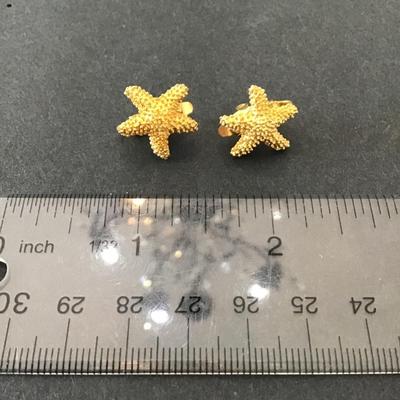Vintage, gold, toned, textured, starfish clip on earrings