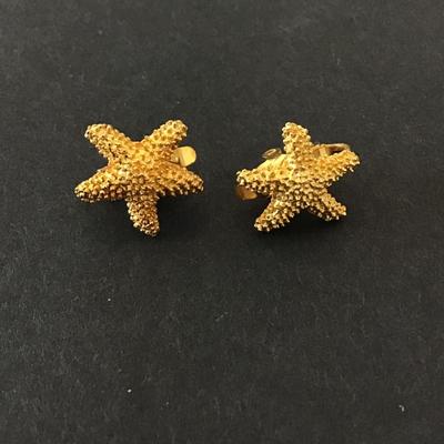 Vintage, gold, toned, textured, starfish clip on earrings