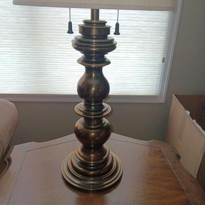 2 END TABLES WITH CUPBOARD AND A BRASS BASE LAMP