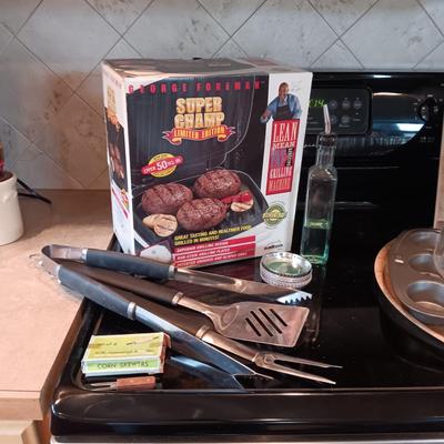 GEORGE FOREMAN GRILL, BBQ UTENSILS AND MORE