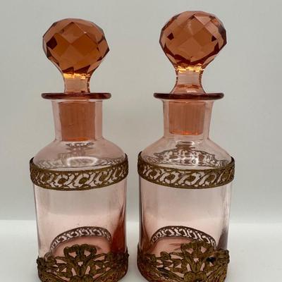 Vintage Pink Glass Vanity Dresser Set (See Details)