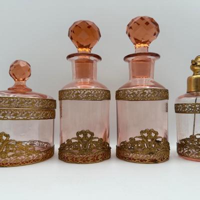 Vintage Pink Glass Vanity Dresser Set (See Details)