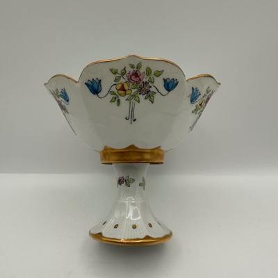 Hand-Painted Porcelain Pedestal Compote with Floral & Gilt Decoration