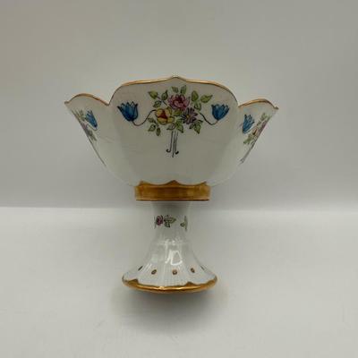 Hand-Painted Porcelain Pedestal Compote with Floral & Gilt Decoration