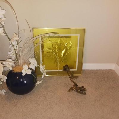 GOLD LEAF PICTURE, SOLID BRASS ROSE CANDLE HOLDER AND MORE