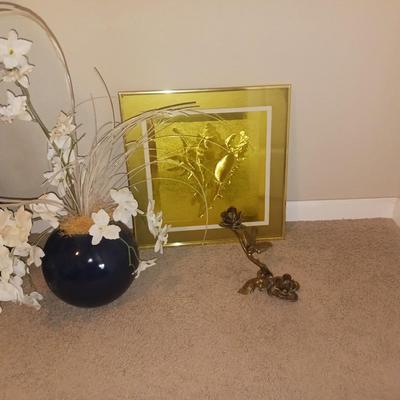 GOLD LEAF PICTURE, SOLID BRASS ROSE CANDLE HOLDER AND MORE