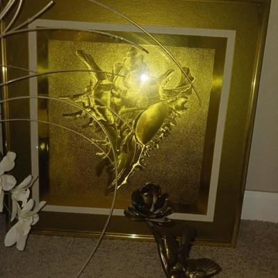 GOLD LEAF PICTURE, SOLID BRASS ROSE CANDLE HOLDER AND MORE