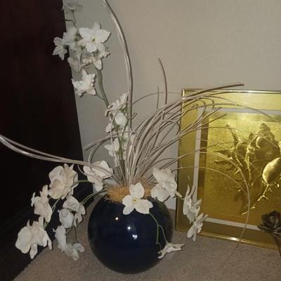 GOLD LEAF PICTURE, SOLID BRASS ROSE CANDLE HOLDER AND MORE