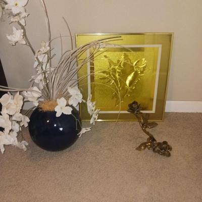 GOLD LEAF PICTURE, SOLID BRASS ROSE CANDLE HOLDER AND MORE
