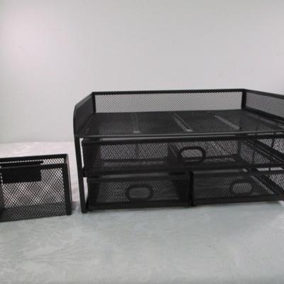 Sale Photo Thumbnail #25: Like new, Black mesh organizer has 3 drawers 14" wide x 7" tall x 9" deep, pencil/pen holder 6-1/4" x 3-1/2" tall x 2-1/8" deep  , See pictures