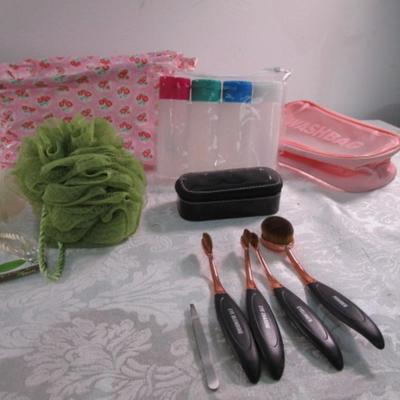 Sale Photo Thumbnail #65: 2 makeup bags, new pkg 4 travel bottles, Mary Kay lipstick case, 2 new mesh shower/facial sponges, set of makeup brushes, tweezers