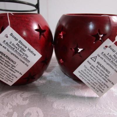 Sale Photo Thumbnail #164: Candle is Silver Birch, red candle holders are new with tags, 1 wire candle holder, 1 distressed metal candle holder