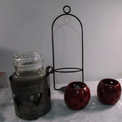 Sale Photo Thumbnail #163: Candle is Silver Birch, red candle holders are new with tags, 1 wire candle holder, 1 distressed metal candle holder