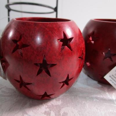 Sale Photo Thumbnail #165: Candle is Silver Birch, red candle holders are new with tags, 1 wire candle holder, 1 distressed metal candle holder