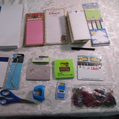 Sale Photo Thumbnail #262: Note pads, #10 envelopes, post-it notes, staples, Helllo Kitty business card holder, bookmark, tablet, post-it flags, scissors, paper clips, pencil sharpener, license plate name plate, stylus